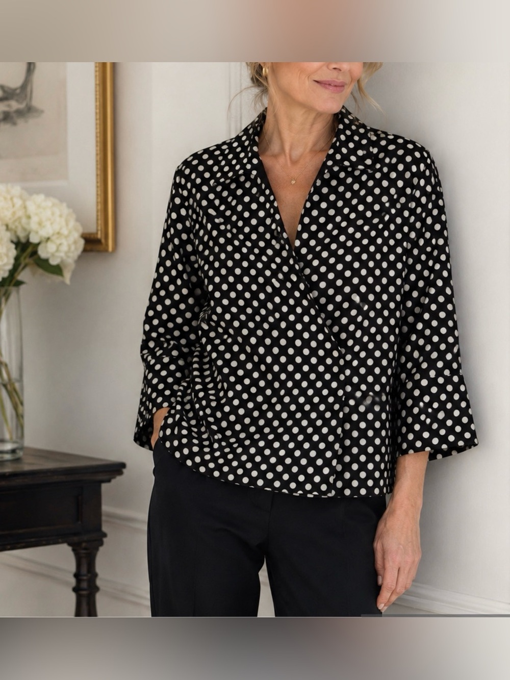 Anne Carson Black and White Polka Dot Wrap Blouse